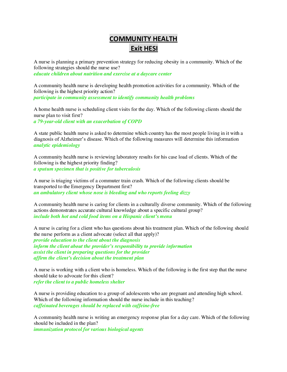 Preview image of Community Health Exit HESI document